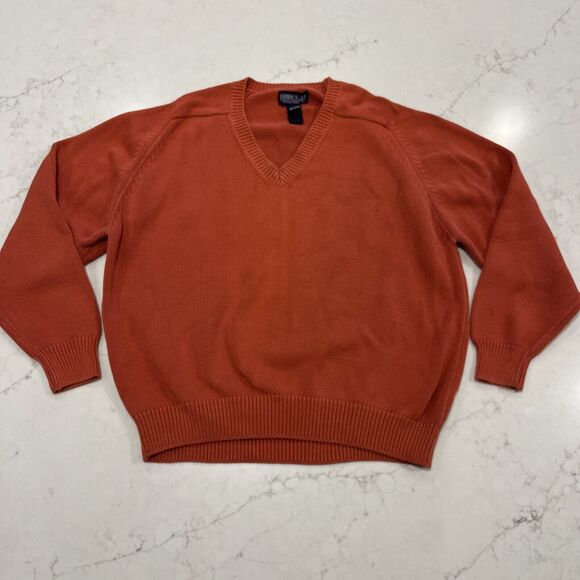 Lands End Sweater Womens Large Salmon Orange Cotton Long Sleeve Pullover V Neck - Picture 1 of 8